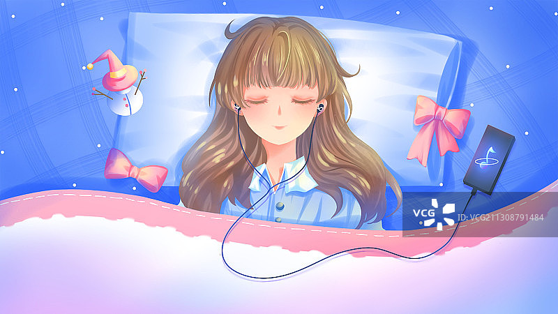 美少女躺在床上听音乐入睡，蓝色唯美治愈卡通晚安好梦插画图片素材
