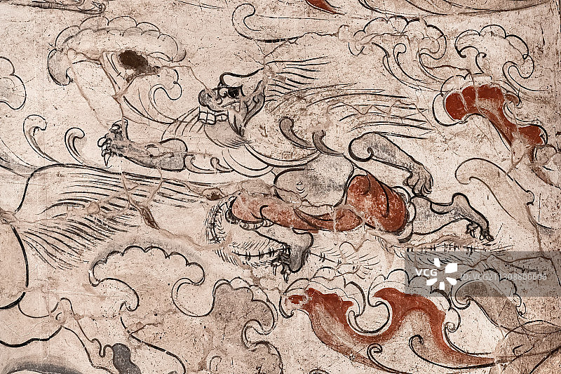 出土文物山西省忻州市魏晋南北朝九原岗墓葬壁画狩猎图，山西博物图片素材