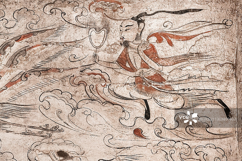 出土文物山西省忻州市魏晋南北朝九原岗墓葬壁画狩猎图，山西博物图片素材