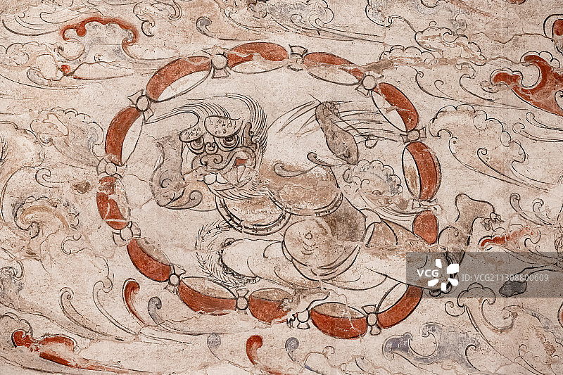 出土文物山西省忻州市魏晋南北朝九原岗墓葬壁画狩猎图，山西博物图片素材