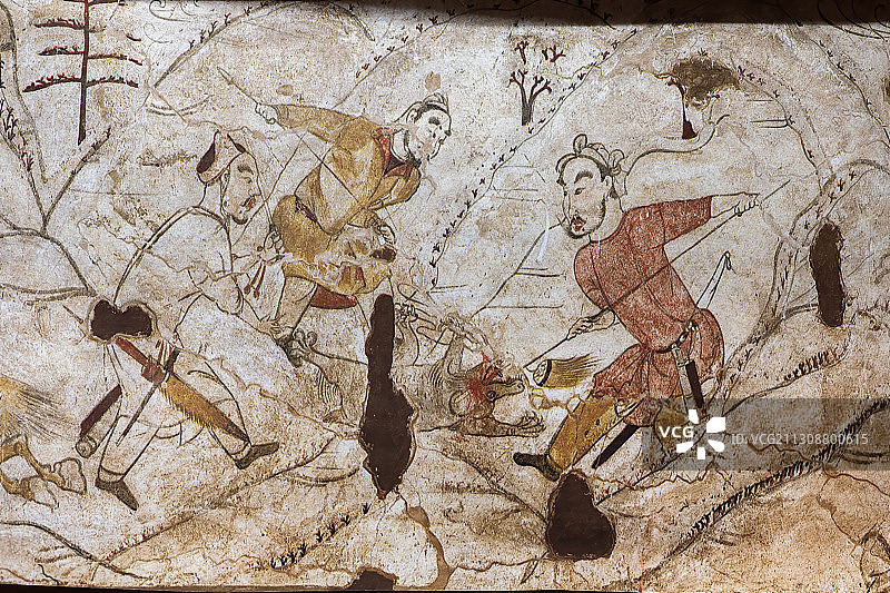 出土文物山西省忻州市魏晋南北朝九原岗墓葬壁画狩猎图，山西博物图片素材