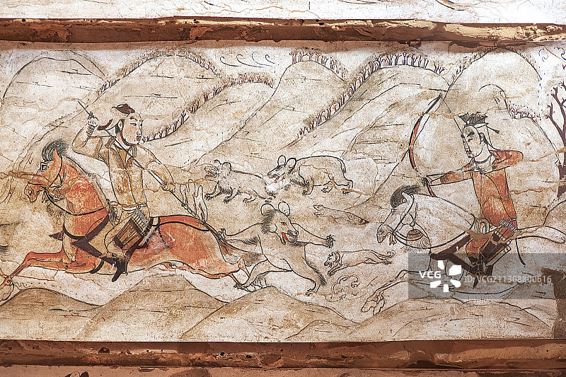 出土文物山西省忻州市魏晋南北朝九原岗墓葬壁画狩猎图，山西博物图片素材