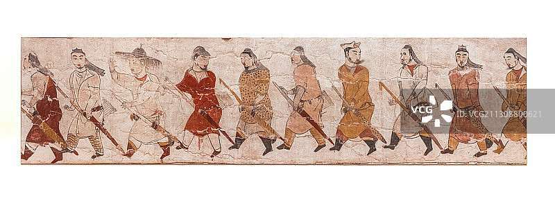 出土文物山西省忻州市魏晋南北朝九原岗墓葬壁画狩猎图，山西博物图片素材