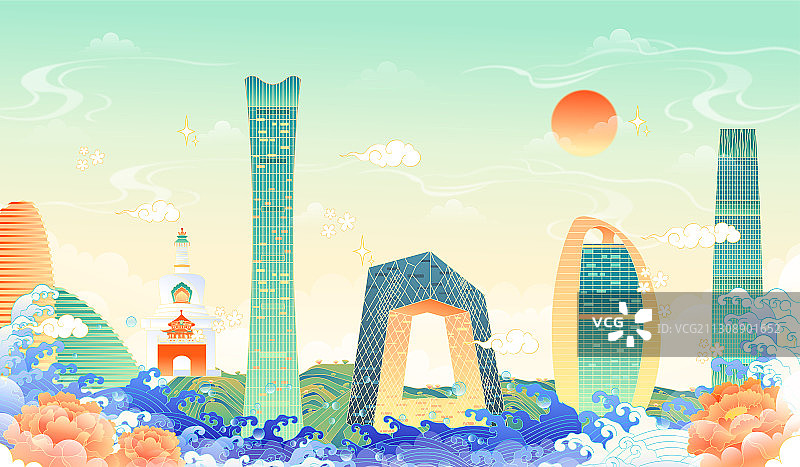 国潮风北京城市建筑矢量插画图片素材