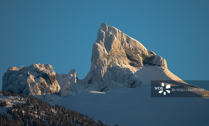 加拿大不列颠哥伦比亚省惠斯勒，蓝天下白雪皑皑的山峰仰视图片素材