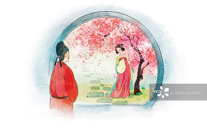 情侣与桃花树插画图片素材