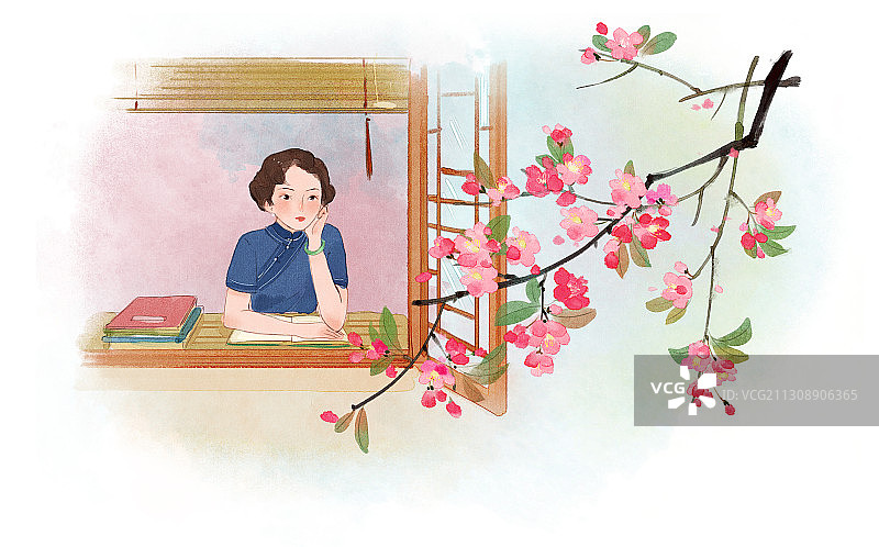 赏海棠插画图片素材