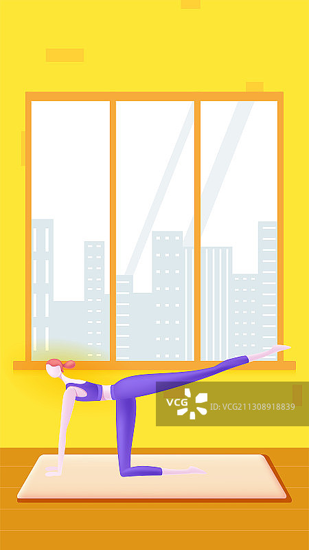 在家里练瑜伽健身的时尚女孩矢量插画图片素材