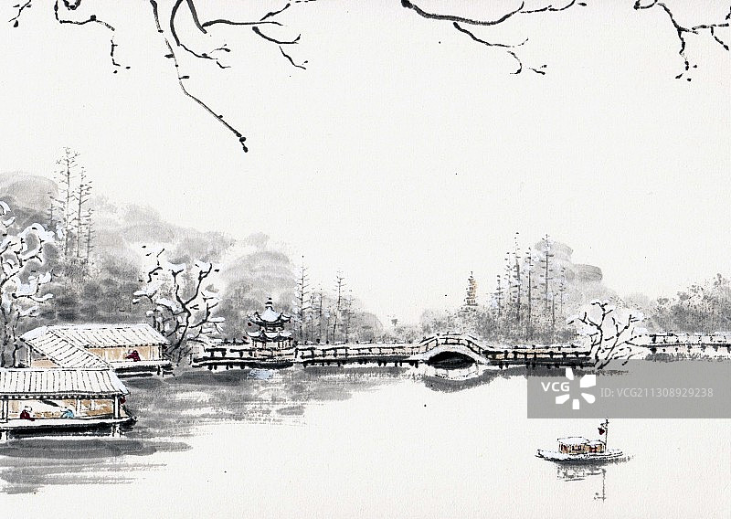 手绘水墨风景插画图片素材