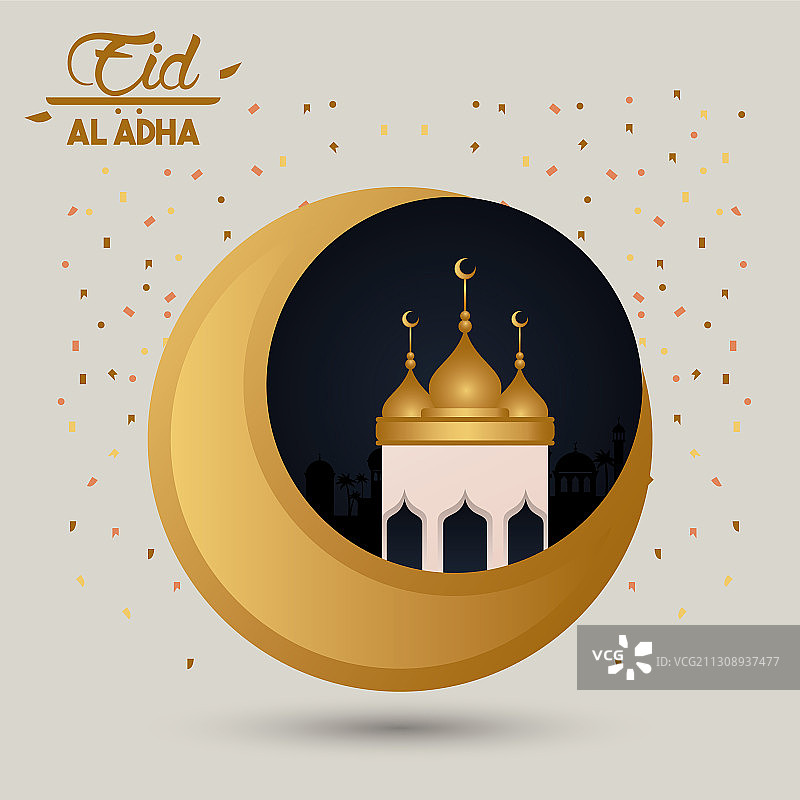 带有月亮和清真寺的Eid al-Adha庆祝贺卡图片素材