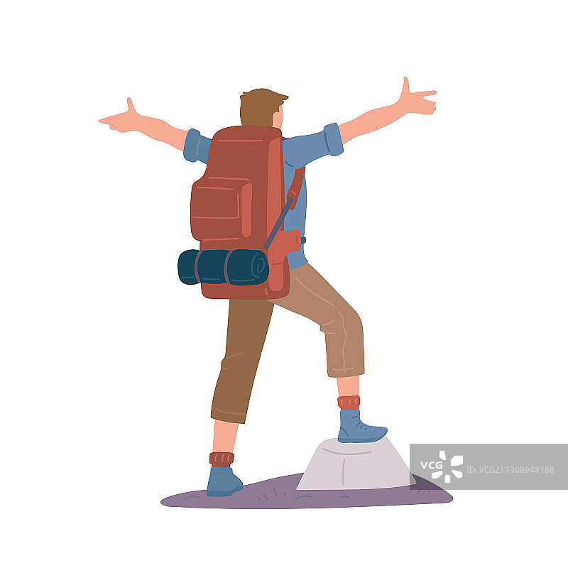 男人携带登山背包和徒步杖图片素材