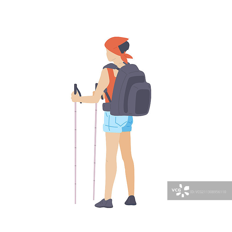 背着登山包和徒步杖的女孩图片素材
