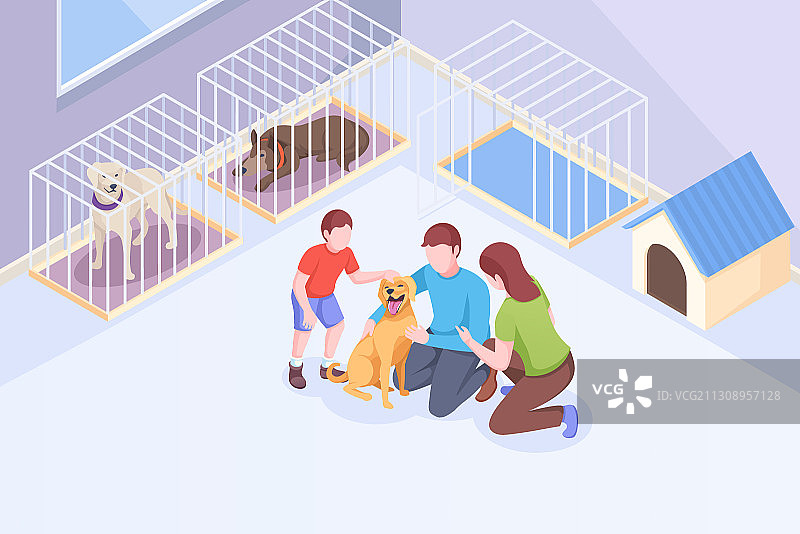 在动物收容所，一家人与被领养的宠物狗玩耍图片素材
