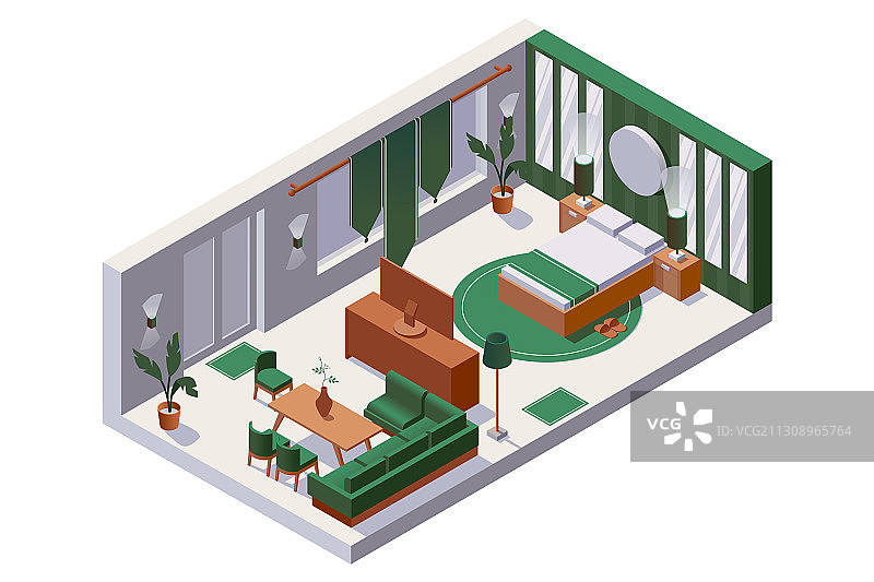 带有家庭的等距3D室内场景概念图图片素材