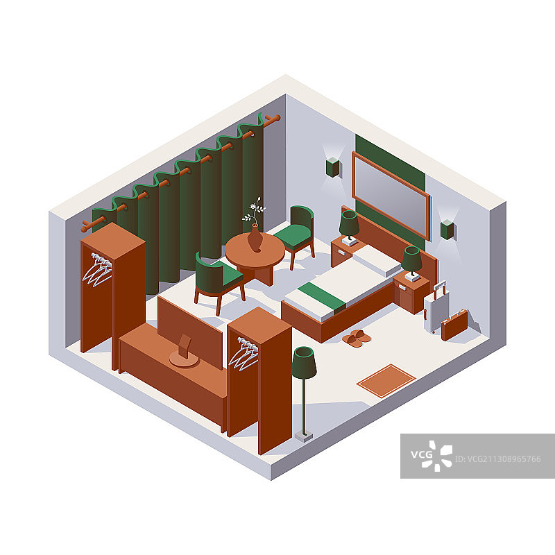 2.5D单人间酒店客房内景图片素材