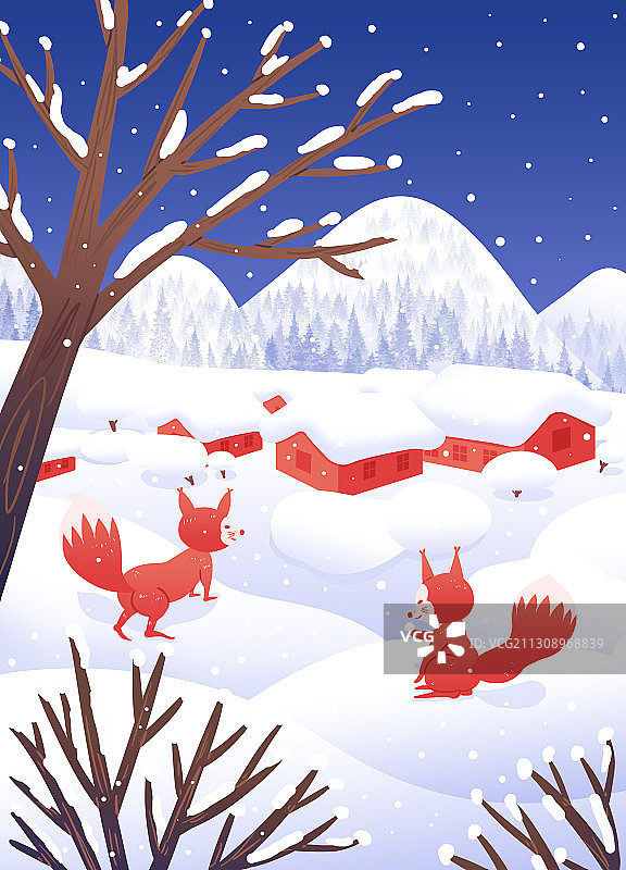 冬季村庄下雪雪景插画海报图片素材