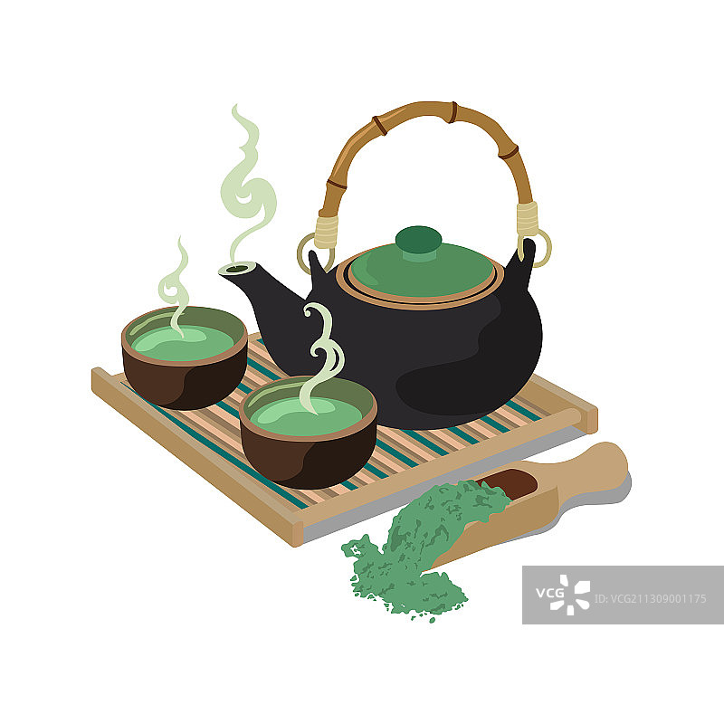 传统亚洲茶壶、茶杯与抹茶图片素材