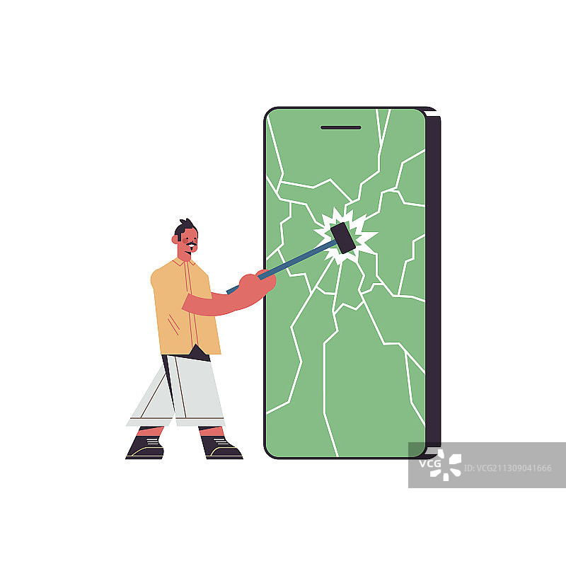 男人用锤子敲击智能手机屏幕数字图片素材