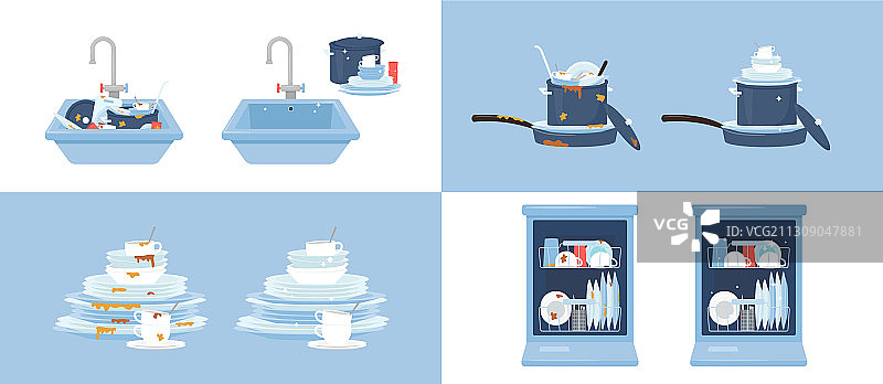 干净和脏的盘子及水槽扁平素材图片素材