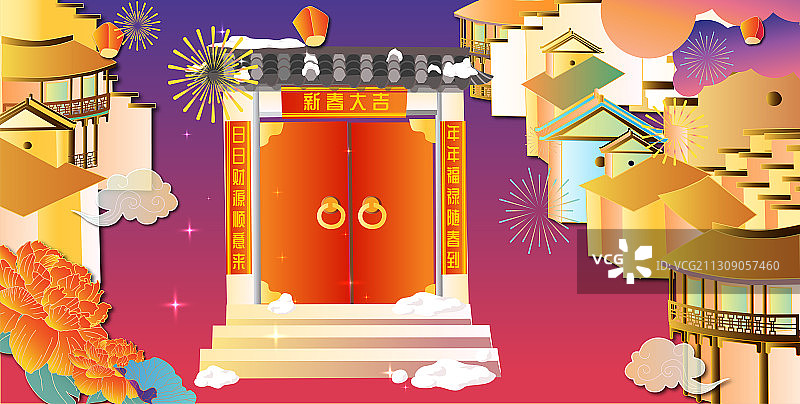 春节万家灯火春联木门乡村矢量背景图片素材