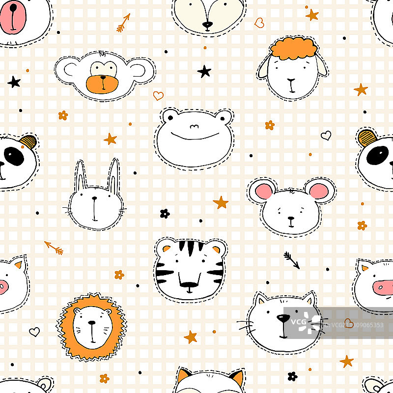有趣的动物头像集合无缝图案设计图片素材