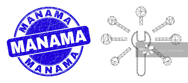 蓝色划痕效果麦纳麦印章和网状扳手图片素材