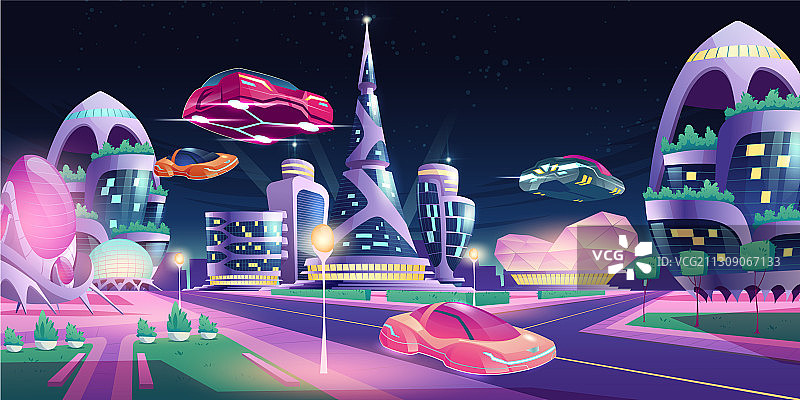 未来夜景城市建筑飞行汽车图片素材