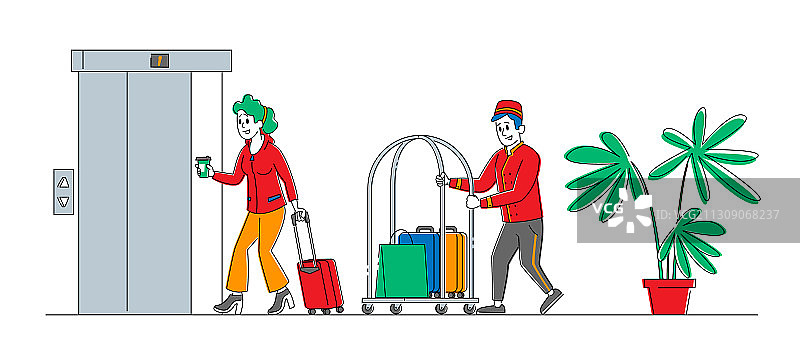 酒店员工在大厅迎接携带行李的客人图片素材