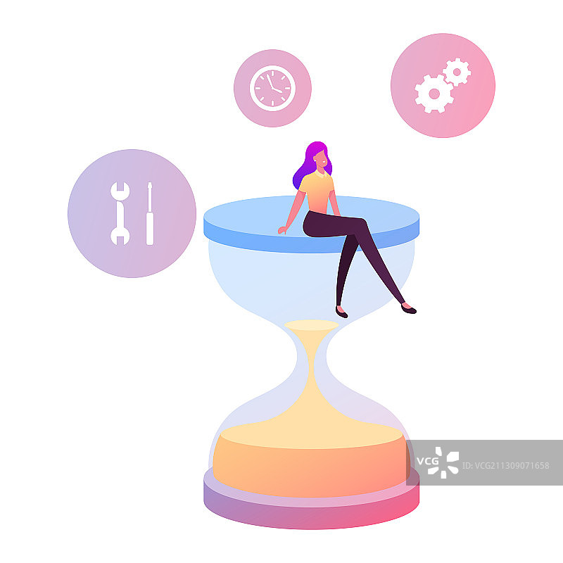 小女人坐在巨大的沙漏上图片素材