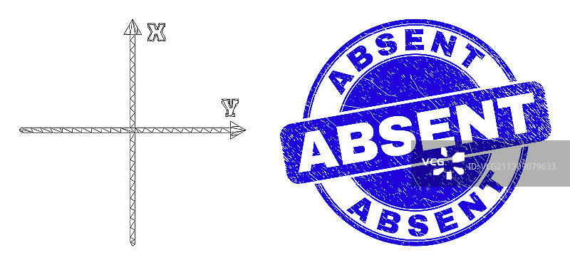 蓝色Grunge风格的缺席印章和网状笛卡尔坐标系图片素材