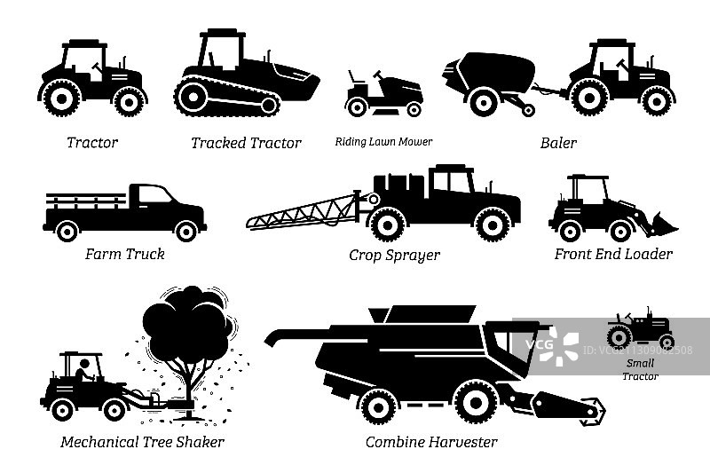 农业耕作车辆拖拉机清单图片素材