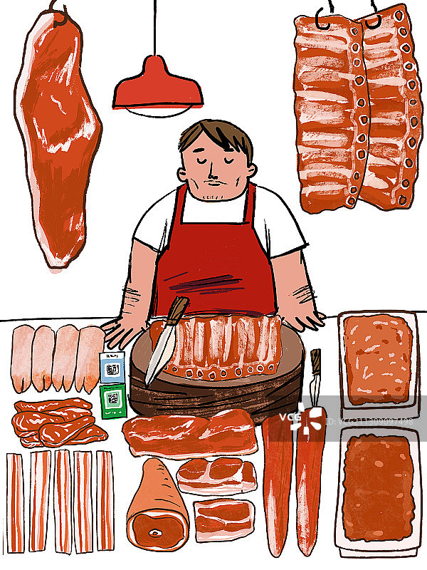 猪肉摊位插图手绘图片素材