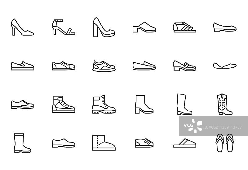 鞋子线条图标集：高跟鞋、凉鞋、牛仔靴图片素材