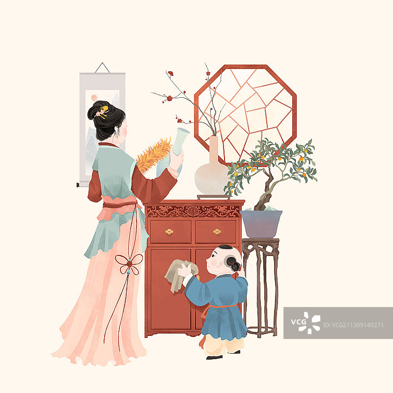 中国古代传统年俗腊月二十四掸尘扫房子插画图片素材