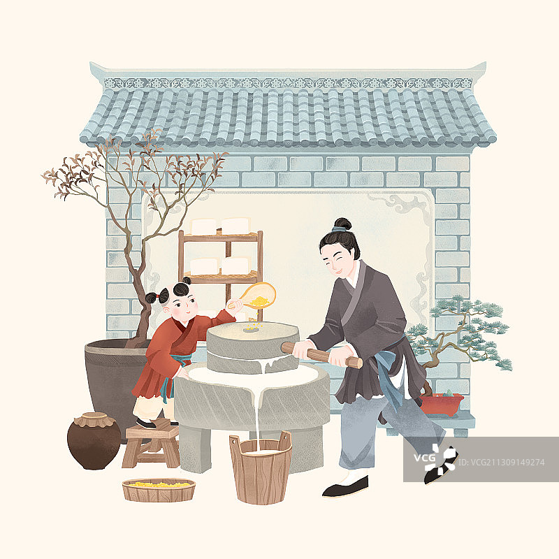 中国古代传统年俗腊月二十五磨豆腐插画图片素材