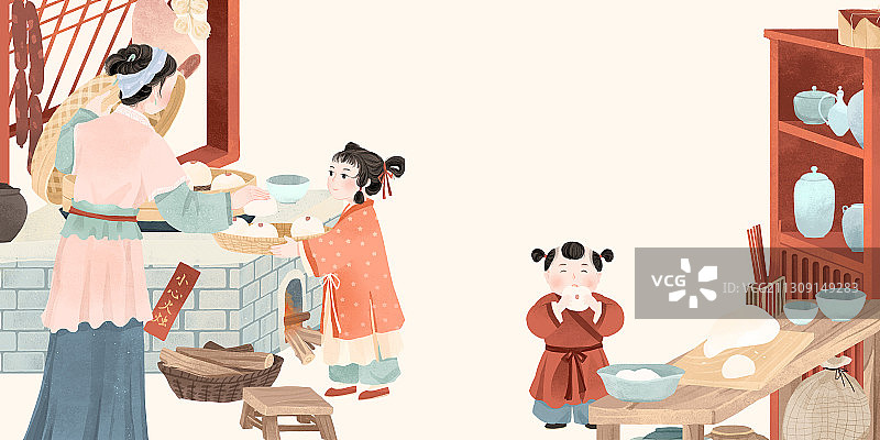 中国古代传统年俗腊月二十九蒸馒头插画图片素材