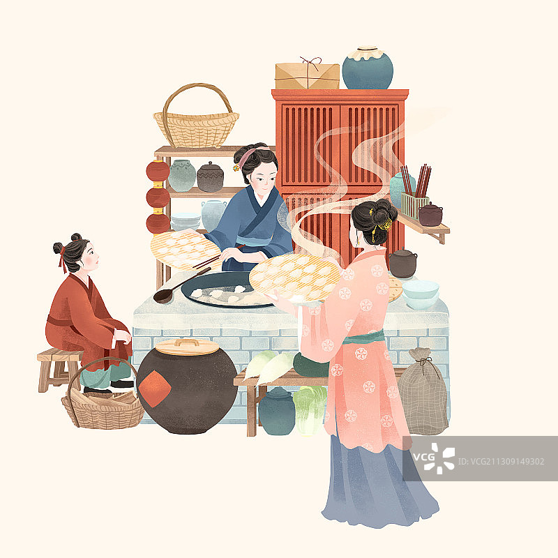 中国古代传统年俗大年初五吃饺子插画图片素材