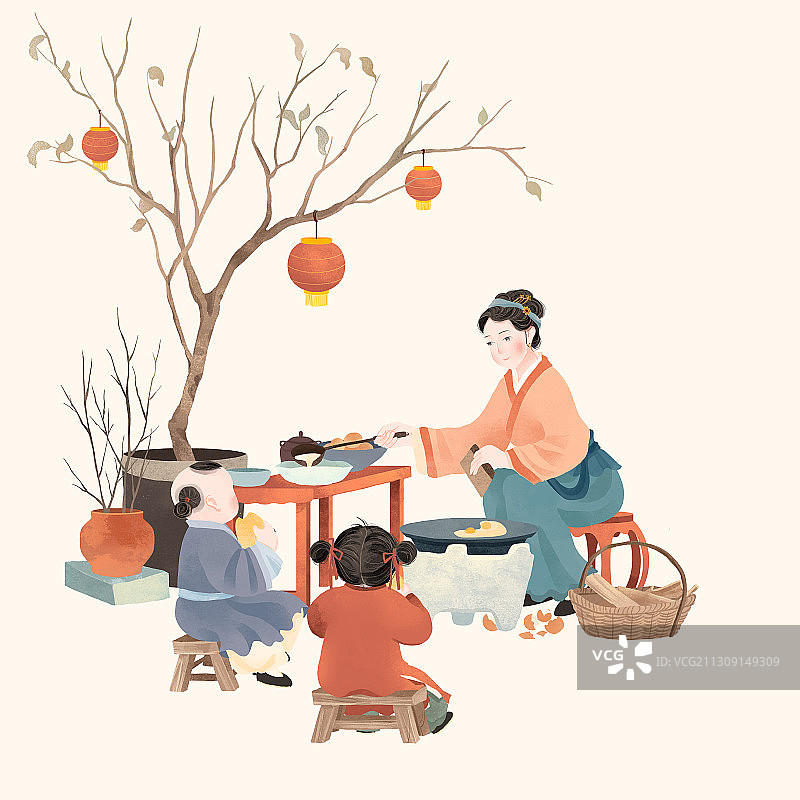 中国古代传统年俗大年初七摊煎饼插画图片素材