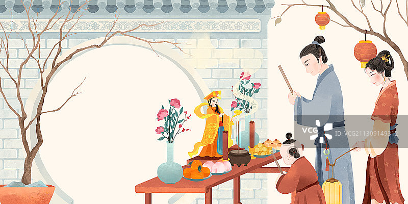 中国古代传统年俗大年初九祭拜天公插画图片素材