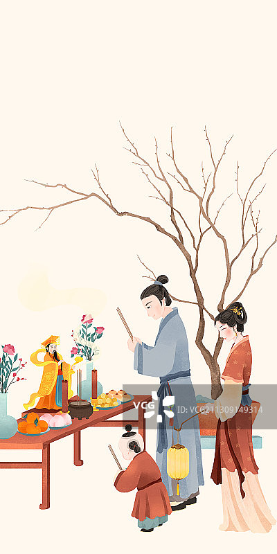 中国古代传统年俗大年初九祭拜天公插画图片素材