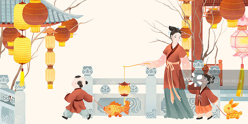 中国古代传统年俗正月十四试花灯插画图片素材