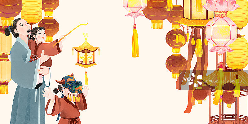 中国古代传统年俗正月十五赏花灯插画图片素材