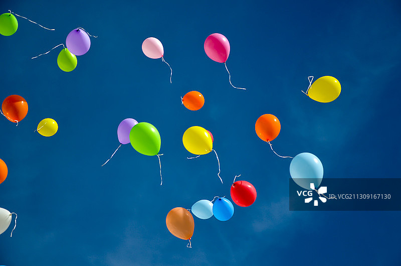 低角度仰望蓝天下的气球图片素材