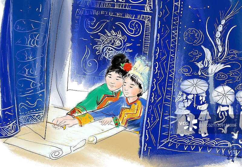 水彩画苗族文学插图蜡染跳舞的青年图片素材