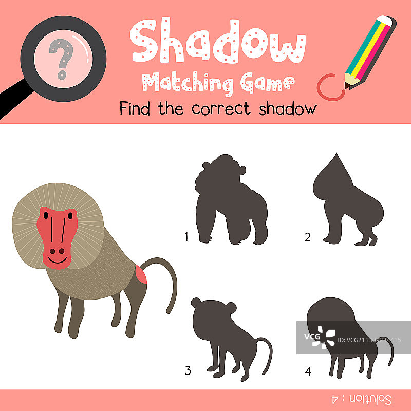 狒狒动物卡通影子配对游戏图片素材