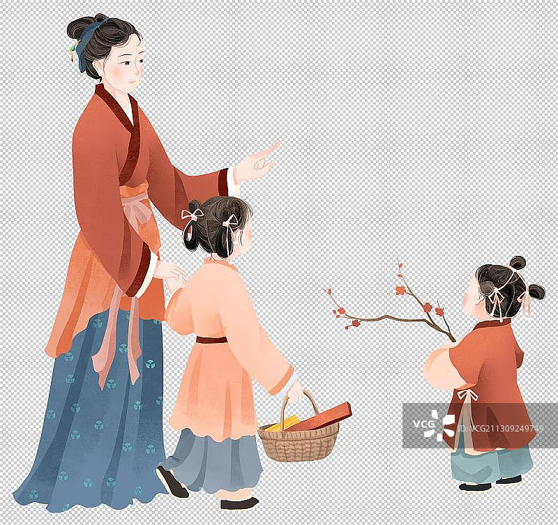 牵着孩童的妇女鹤两个女孩古代人物插画图片素材