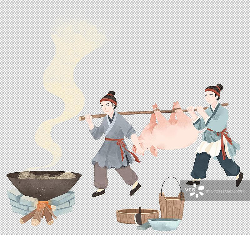 两个男子抬猪杀猪古代插画图片素材