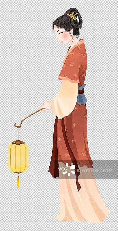 侧身站立提着灯笼的古装仕女插画图片素材