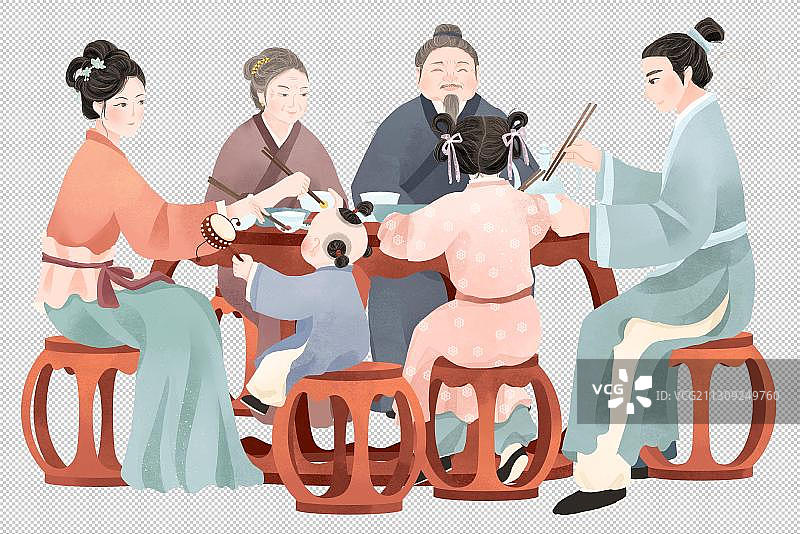 一家六口吃团圆饭古代人物插画图片素材