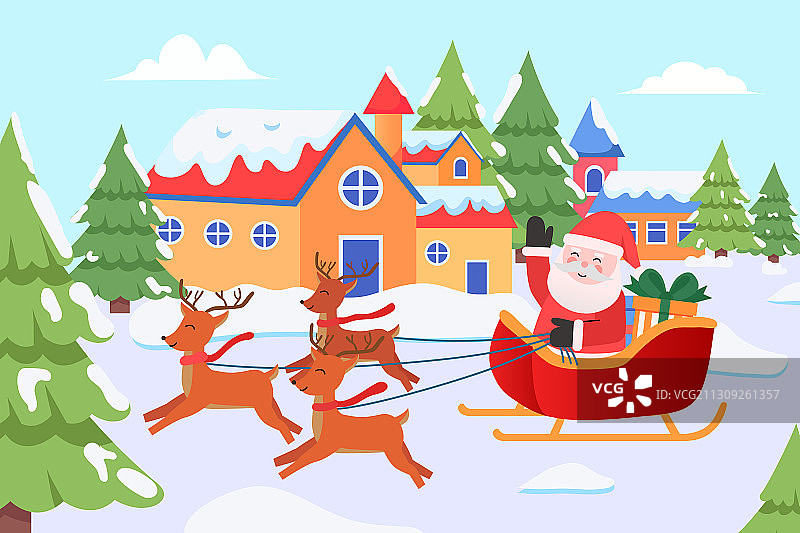 圣诞老人驾着鹿车送礼物矢量插画图片素材